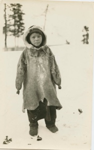 Image of Nascopie Indian [Innu] girl-no mittens-sleeves of coat tied up
